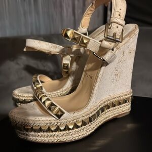 Christian Louboutin Pyraclou Metallic Spike Red Sole Wedge Sandals size 38 (8)
